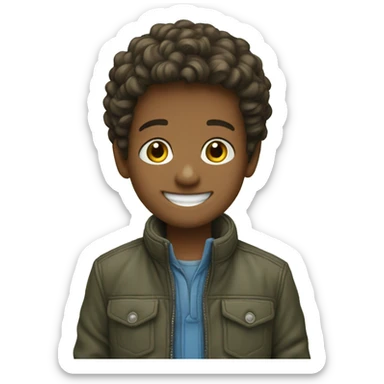 smiling boy outdoors with jacket sticker