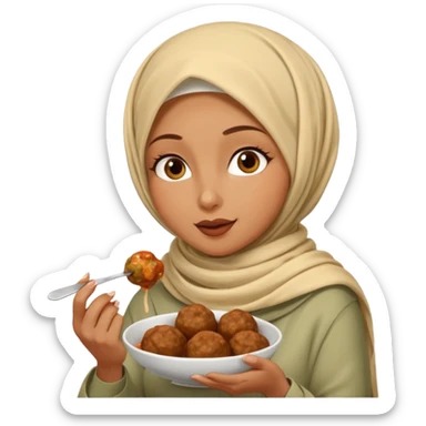 woman wearing a cream colored pashmina hijab eating meatballs sticker