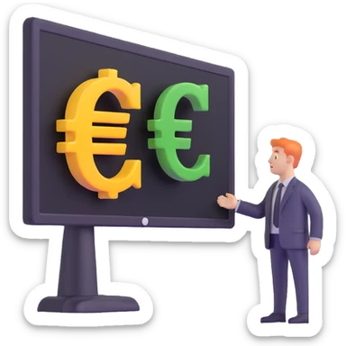 business analyst studying price data with euro symbol € on screen sticker