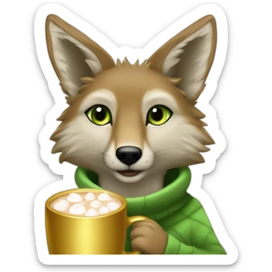 Jackal whit gold furr and light green eyes holding hot cocoa sticker