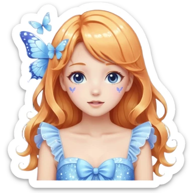 gorgeous shiny blushing pastel core glittery sparkly anime lady with butterflies and beautiful ginger hair fairycore high quality detailed vogue trending aesthetic, blonde hair, blue and white dress sticker