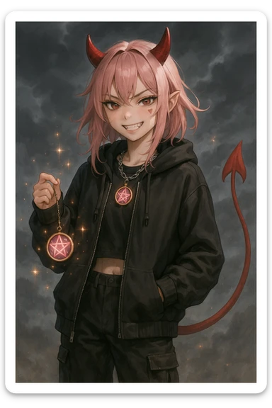 realistic anime style devil catgirl with red horns, pointed tail, fangs, pink hair, streetwear, magical accessory, sparkles, stormy background, heart tattoo under eye, mischievous expression sticker
