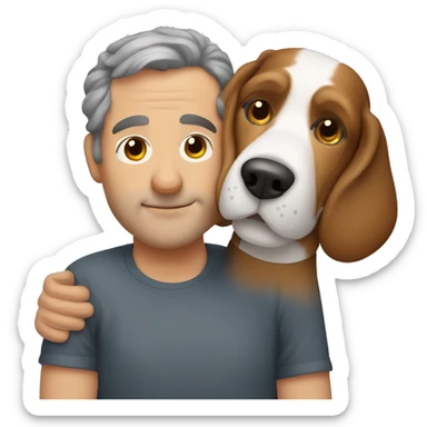  Beagle dog cuddles middle age man with curly brown hair  sticker