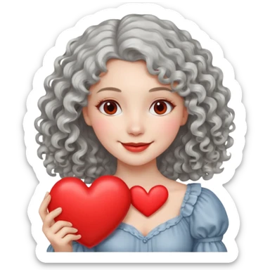 silvery curly/wavy shoulder-length hair smiling lady holding a heart but finer hair sticker
