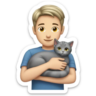 Boy with short hair cuddling grey cat sticker