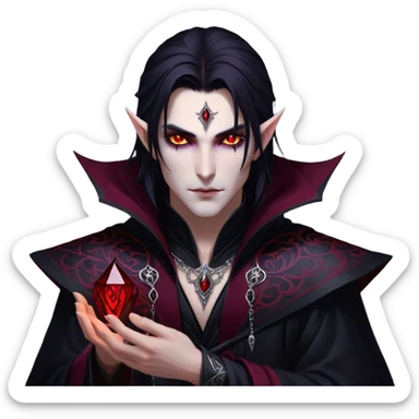 Cinematic Realistic WoW Vampire Mage Portrait, depicted with dark and mysterious elegance, wearing a flowing black robe intricately adorned with arcane silver filigree and esoteric runes. His pallid, almost ethereal skin contrasts with deep crimson, mesmerizing eyes, while his dark, slick hair falls in sleek strands. Rendered with lifelike texture and moody, dramatic lighting, high shine, noble and formidable, capturing the essence of a legendary vampire mage of Azeroth. sticker
