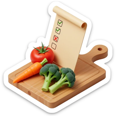 carrot tomato brocoli on the wooden cutting board with floating rolled paper list with checkbox sticker
