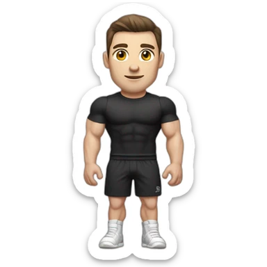 Pale skinned Fit Man With the biceps and dark brown hair in black shirt, gray sports shorts and white Sneakers sticker