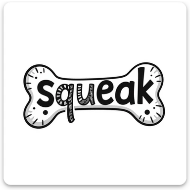 dog bone with the word 'squeak', colorful doodle style sticker