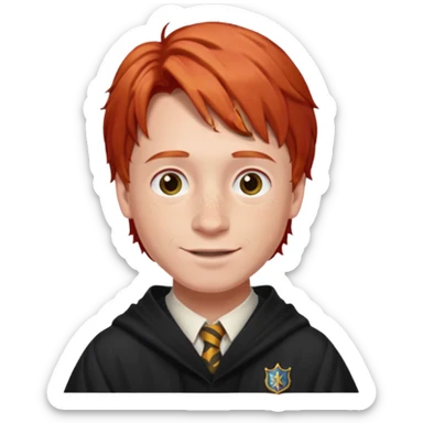 Create a realistic portrait of Ron Weasley with red hair, freckles, Hogwarts robe & warm smile. sticker