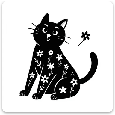 hand drawn cat with floral doodle decorations, doodle style sticker