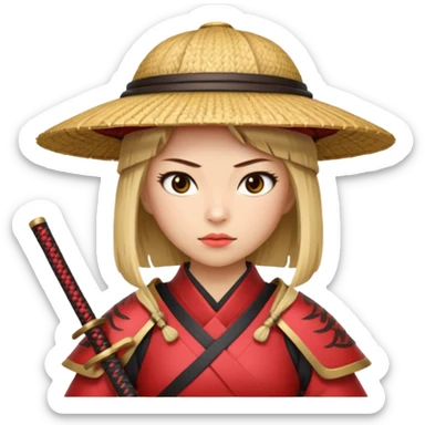 Samurai with straw hat, Warrior in red samurai armor, female, with katana sticker