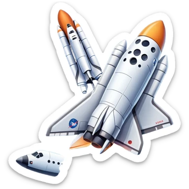 An icon featuring a space shuttle and an airplane against a starry sky, symbolizing aerospace technology. The design includes rocket boosters and satellite orbits, representing the exploration of space and advanced aviation. Transparent background sticker