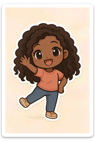 chibi anime style, Black girl with long curly hair, hair waving, playful pose, pastel background sticker