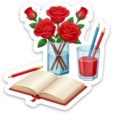 crear pizarra con libros a un lado, cuadernos, lapices, creyones, un vaso de cristal con rosas rojas, estilo vector sticker