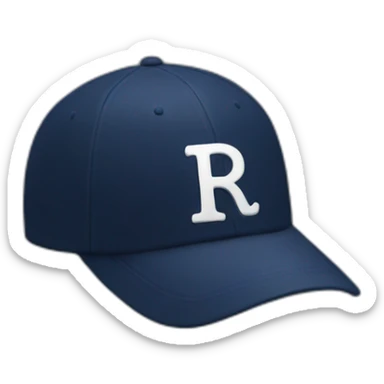 a navy baseball cap with a small white letter R on the front, seen from the side sticker
