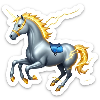 Fast electric horse galloping with electricity flowing through metal plates, sparking wires, and lightning bolts coming off its body sticker