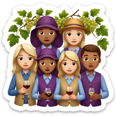 Make a photo of 5 project managers, specificly 3 girls and 2 boys, that are making project for improvment of the vineyard sticker