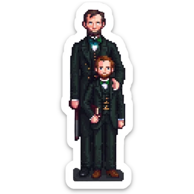 Stephen Douglas standing on Abraham Lincoln's shoulders, pixel art style sticker