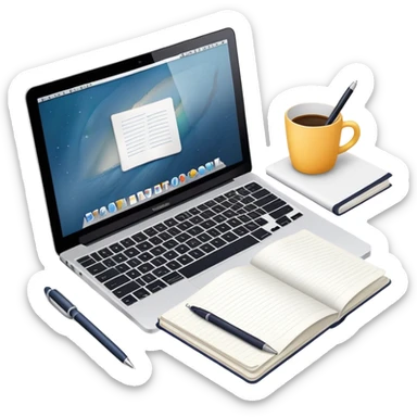 top view of a MacBook, open notebook with notes, and pen beside them sticker