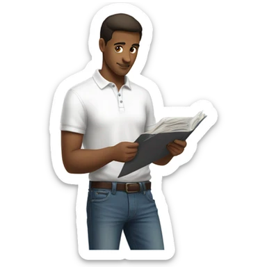 brunette man wearing red polo overtop a white shirt and really baggy jeans looking at records sticker