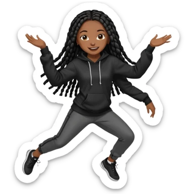 African American girl dark skin complextion long black box braids wearing plain black hoodie dancing sticker