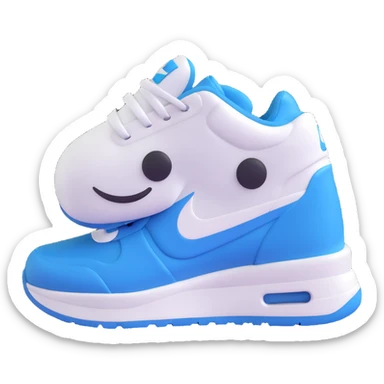 white and blue Nike sneaker, with a cute face, playful look, 3D emoji style sticker