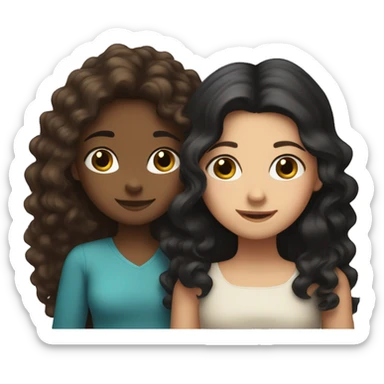 a brown skinned woman with long brown curly hair hugging a younger white skinned girl with mid length black hair sticker