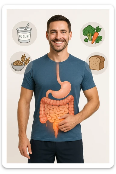 a fit, smiling man stands confidently with one hand on his abdomen. A transparent overlay reveals a healthy, detailed digestive tract with a glowing, vibrant intestine. Around him, icons of healthy foods like yogurt, vegetables, and whole grains float, symbolizing good gut health. The background is clean and bright, with an educational mood. sticker
