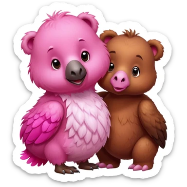 A cute brown bear and a realistic cute pink dodo closely together sticker