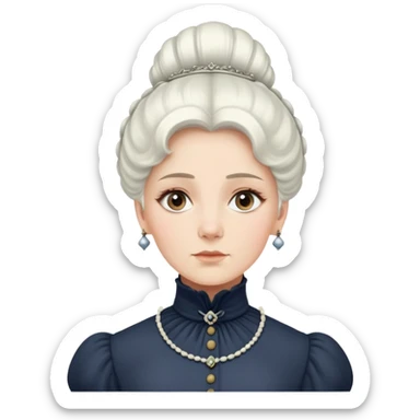 Victorian woman with white coiffed hair, modest turtleneck Victorian dress, and an awestruck expression sticker