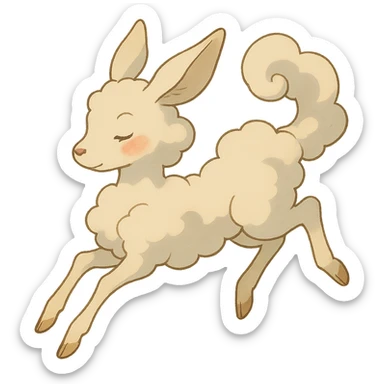 vanilla cloud doe with rosy cheeks, floating gracefully with witch-like elegance, brand identity mascot for social media, Ghibli style sticker