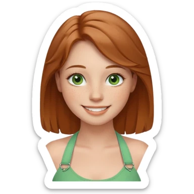 emoji of a woman named Freya McOmish, smiling, green eyes, light brown hair, subtle freckles, modern casual style, wearing a halter top sticker