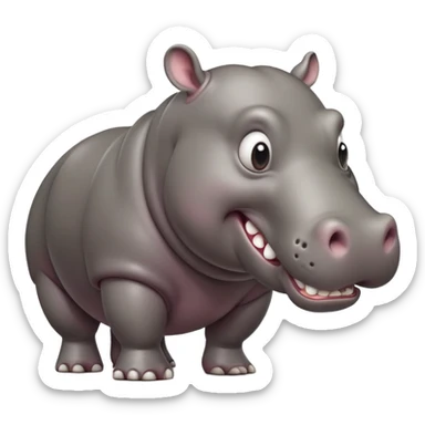 cinematic-hippo-realistic-full-body-side-view-standing-on-all-fours-emoji,-massive-round-frame,-wide-mouthed-grin-exposing-huge-teeth,-head-tilted-dramatically,-thick-grey-hide-glossy, big cute eyes sticker