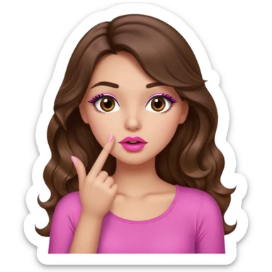 girl with long wavy brown hair, brown eyes, light to medium complexion, in a pink sexy top, pink lips, long lashes, shushing sticker