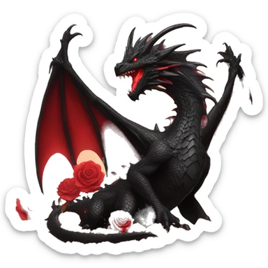 Black dragon breathing red flames, covered in thorned roses sticker