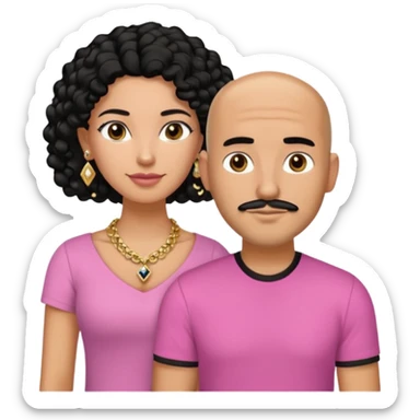 A picture if a couple. the man is a Mexican man with tanned skin, black hair, a bald hair cut, short boxed beard, and wearing a black shirt. the woman is mixed with black and white, with brown curly long hair, gold diamond earrings, a gold chain necklace and wearing a pink shirt on with big boobs sticker