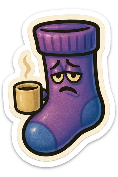A purple sock with a tilted face, holding a coffee cup, representing tilt or exhaustion. sticker