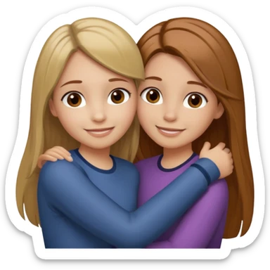 Two girls are hugging. One has dirty blonde hair with a little reddish in it. She has also grey eyes. Her hair is long and straight. The other girl has dark brown hair with hazel eyes sticker