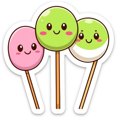 Cute kawaii Japanese dango with happy face, three colorful rice balls on a stick with pink, white, and green colors sticker