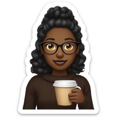 Dark brown wand curl long hair black women sweater brown eyes and small glasses holding coffee sticker