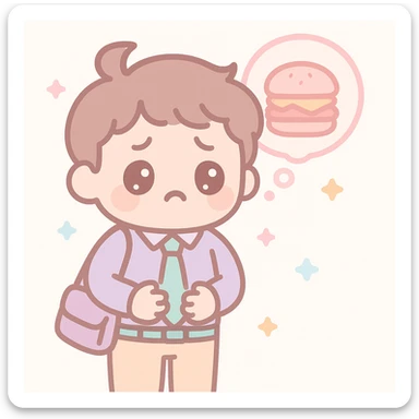 A tired office worker holding his stomach, thinking about food, kawaii style sticker