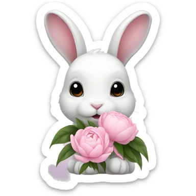 cute white bunny holding light pink peonies sticker