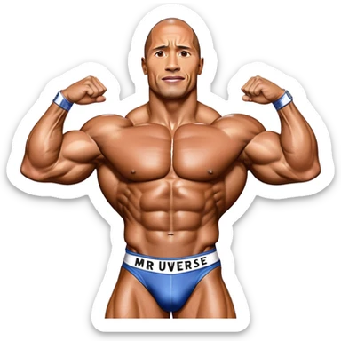 Dwayne Johnson, oiled and posing at the Mr. Universe bodybuilding championship, showcasing his muscular physique in an iconic display of strength. The background features the stage with judges and audience, capturing the intensity and prestige of the competition. Transparent background. sticker