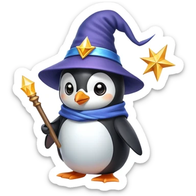 A cute penguin wearing a wizard hat and holding a magic wand sticker