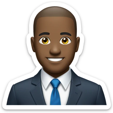 buzzcut hair, elegant, light black man, with a blue suit and tie. He's smiling with his eyes and showing hope. His shirt is white. His also brazilian and a politician  sticker