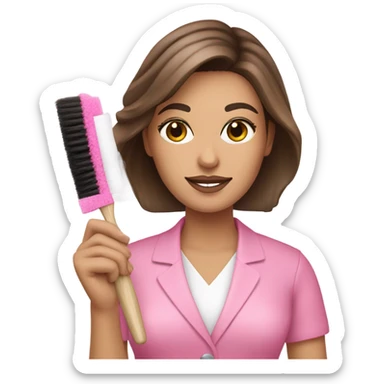 Brown haired Esthetician wearing pink holding a fan brush sticker