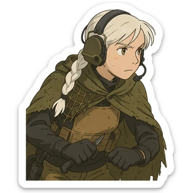 1 female, mid 20's, white hair in a long braid, gold yellow eyes, adorned in a black long sleeve shirt, tan body armor and a worn olive-green cloak with netting holding it together. She wears a COMTAC headset. she is hunched slightly, stealthily, focused on her target, holding a small combat blade at the ready sticker
