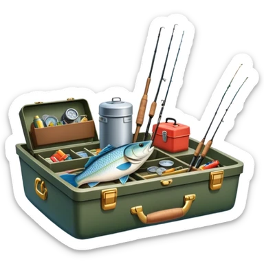 Icon for Fishing: a boat on the shore of a peaceful water body with a beautiful natural landscape, a fishing tackle box, a spinning rod. The icon should capture the tranquility and gear of a fishing adventure. Without frame. Transparent background. sticker