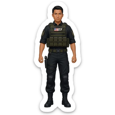 Filipino man STF SPECIAL TACTICS FORCE OUTFIT BLACK FATIGUE AND COMBAT BOOTS PLATE CARRIER AND HOLSTER sticker